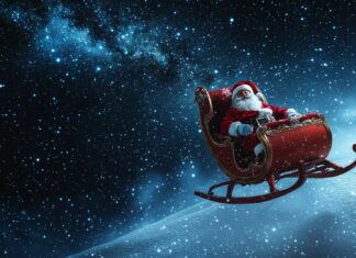 Santa Claus riding his sleigh across a starry night sky, Christmas Wallpaper for Desktop.