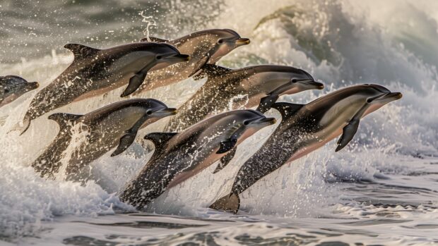 Sea animal life with a dolphin pod leaping joyfully through the waves, their sleek bodies glistening in the sunlight.