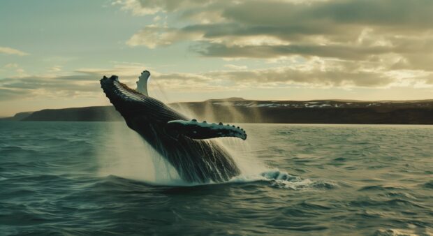 Sea animal with a humpback whale breaching the surface, its massive form suspended in mid air before crashing back into the ocean.