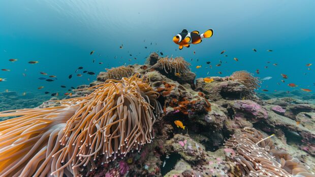 Sea life wallpaper with a bustling coral reef, teeming with diverse marine life including clownfish, sea turtles, and colorful coral formations.