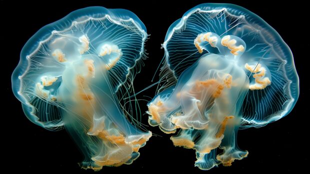 Sea life with the beauty of sea jellies pulsating with bioluminescence, floating gracefully through the dark waters.