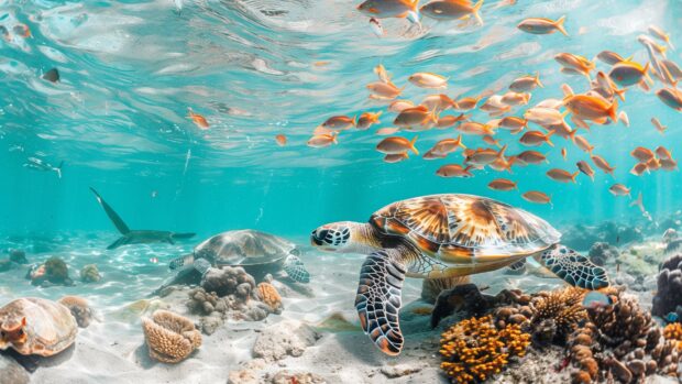 Sea turtles gliding through the clear blue ocean, surrounded by schools of shimmering fish.