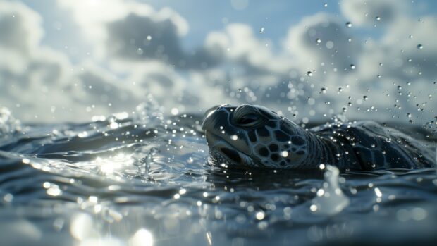 Sea wallpaper 2K with a turtle surfacing to breathe, droplets of water sparkling in the sunlight.