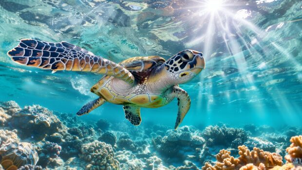 Sea wallpaper with a majestic turtle swimming gracefully in clear turquoise waters, sunlight filtering through the waves.