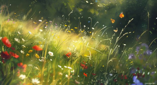 Serene meadow with blooming wildflowers, gentle breeze, butterflies fluttering, warm sunlight.