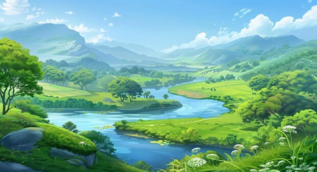 Serene river flowing through a verdant valley, vibrant green hills, clear blue sky.