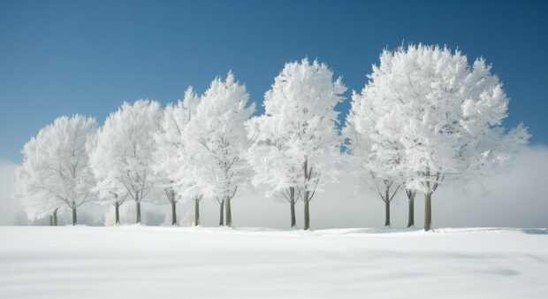 Serene winter desktop wallpaper with frosted trees and a blanket of snow.