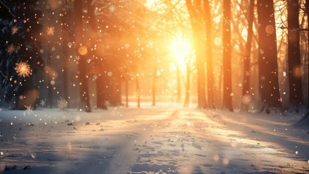 Serene winter sun with falling snowflakes.