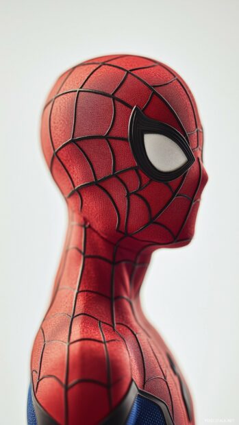 Side profile of Spiderman face with a plain white background.