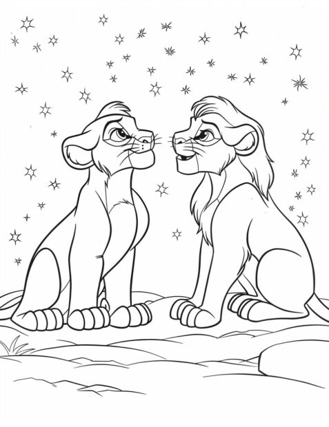 Simba and Nala under the starry night sky, Lion king coloring pages.