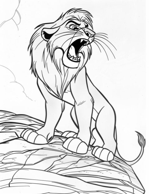 Simba roaring triumphantly on Pride Rock, Lion coloring pages.