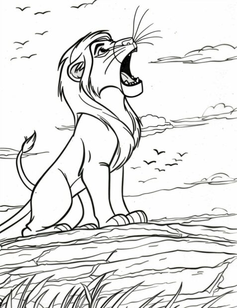 Simba roaring triumphantly on Pride Rock, Lion king coloring pages.