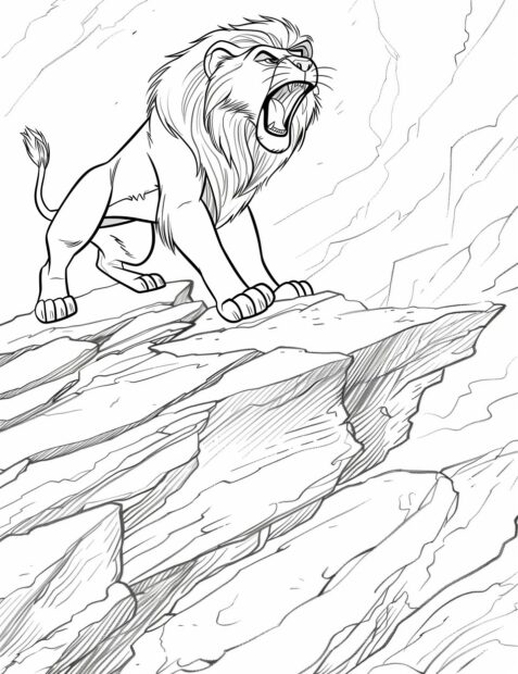 Simba roaring triumphantly on Pride Rock, coloring book pages.