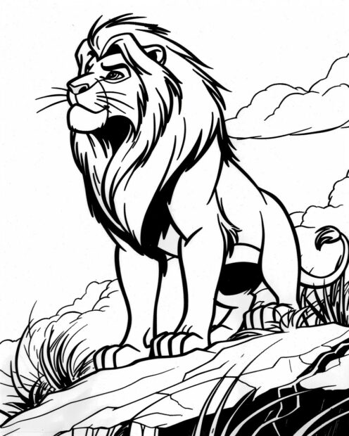 Simba standing proudly on Pride Rock, Lion king coloring pages.