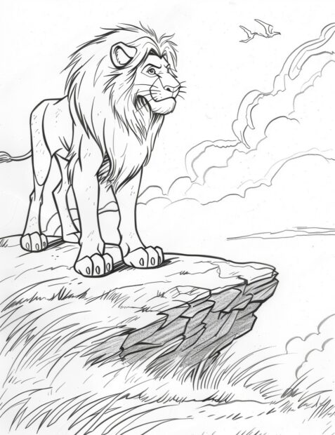 Simba standing proudly on Pride Rock, coloring page.