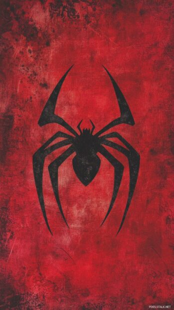 Simple Spiderman emblem centered on a deep red background.