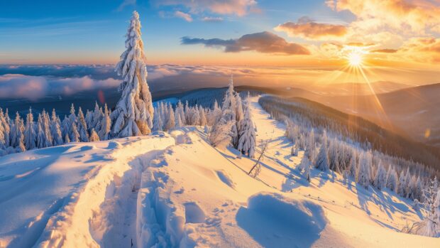 Snow covered winter sun with pine trees.