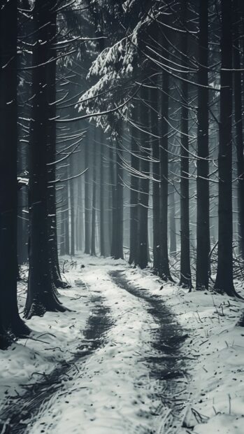 Snowy winter path winding through a dense forest.