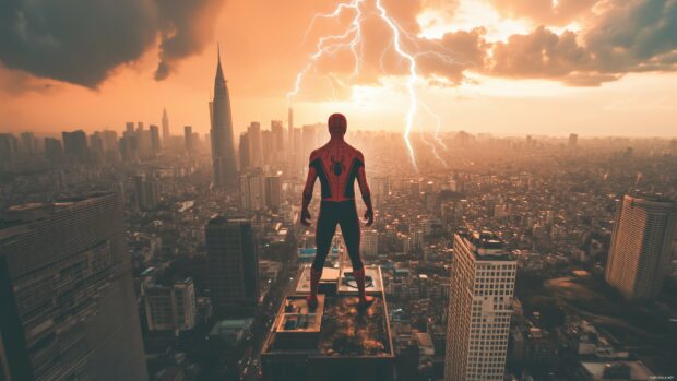 Spiderman 4K desktop wallpaper in a dynamic mid air pose against a night sky with glowing city lights.