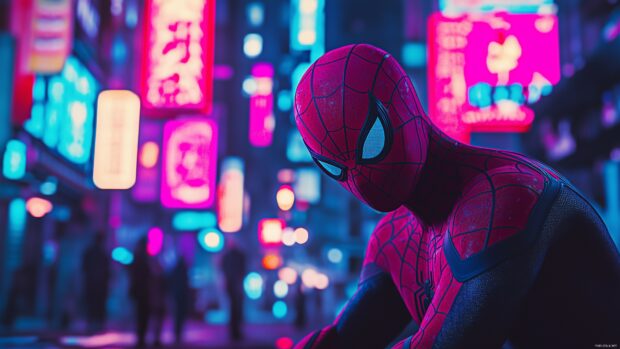 Spiderman against a backdrop of neon lights in a futuristic city.