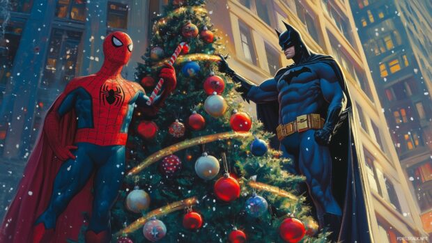 Spiderman and Batman decorating a giant comic book themed Christmas tree.