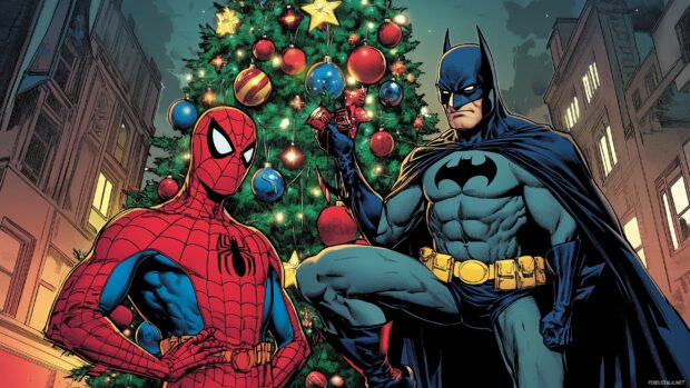 Spiderman and Batman decorating a giant comic book themed Christmas tree with bright ornaments.