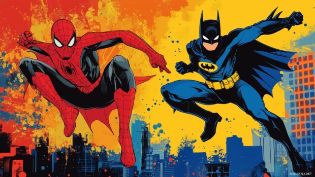 Spiderman and Batman enjoying a friendly race through a vibrant cityscape.