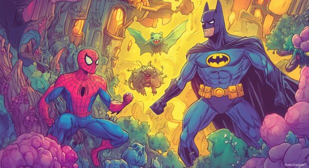 Spiderman and Batman exploring a whimsical, colorful forest filled with playful creatures.