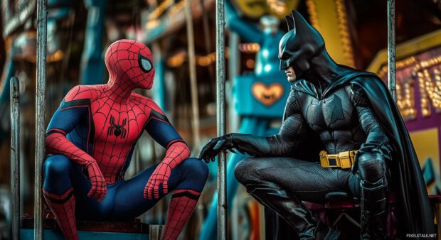 Spiderman and Batman having a fun adventure in a comic book themed amusement park.