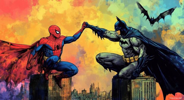 Spiderman and Batman high fiving atop a skyscraper under a colorful sunset.