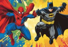 Spiderman and Batman in a superhero training session with fun, colorful backgrounds and comic book action lines.