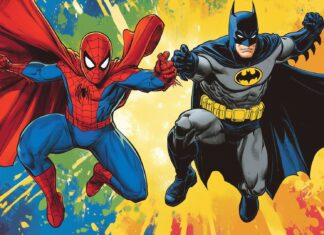 Spiderman and Batman in a superhero training session with fun, colorful backgrounds and comic book action lines.