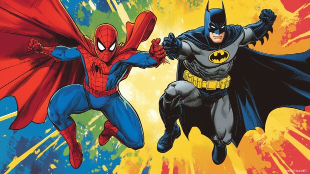 Spiderman and Batman in a superhero training session with fun, colorful backgrounds and comic book action lines.