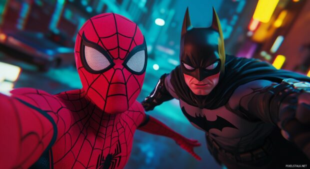 Spiderman and Batman playfully teaming up to fight cartoonish villains in a bright, comic book city.