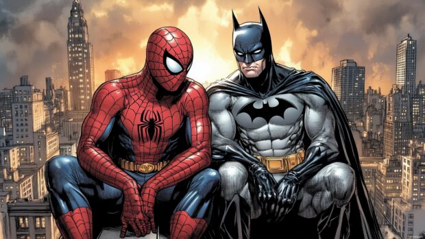 Spiderman and Batman sharing a fun moment, comics desktop wallpaper.