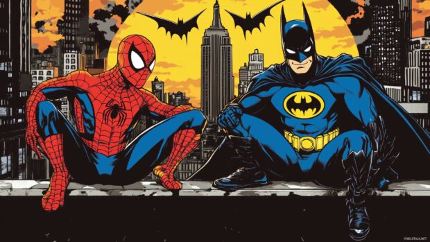 Spiderman and Batman sharing a fun moment while sitting on a rooftop with a city background.