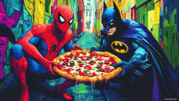 Spiderman and Batman sharing a large pizza while hanging out in a brightly colored alley.