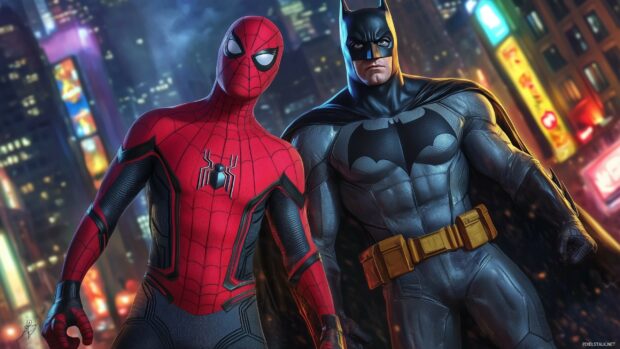 Spiderman and Batman standing back to back in a vibrant cityscape with bright.