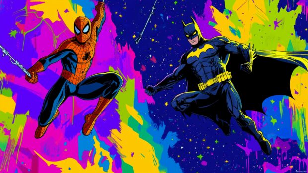 Spiderman and Batman swinging and gliding through a colorful night sky.