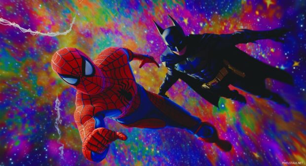 Spiderman and Batman swinging and gliding through a colorful night sky filled with stars.