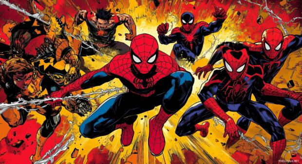 Spiderman and his allies in a heroic team up scene, featuring bold comic book action poses and a vibrant.