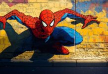 Spiderman and his shadow cast on a wall with bright comic book style backgrounds.