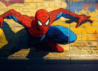 Spiderman and his shadow cast on a wall with bright comic book style backgrounds.