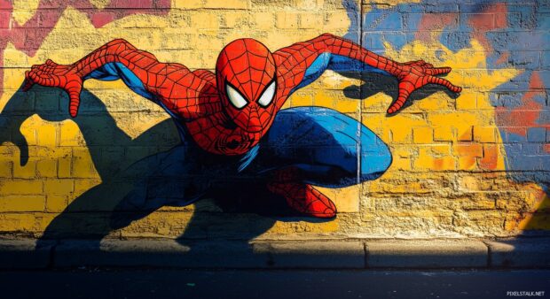 Spiderman and his shadow cast on a wall with bright comic book style backgrounds.