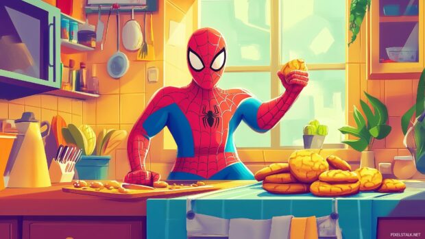 Spiderman baking cookies in a cozy kitchen with playful decorations and bright colors.