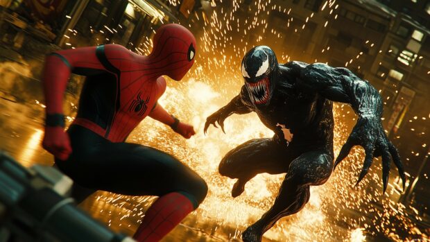 Spiderman battling Venom in a high octane action scene, 4K spiderman desktop wallpaper.