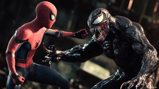 Spiderman battling Venom in a high octane action scene.