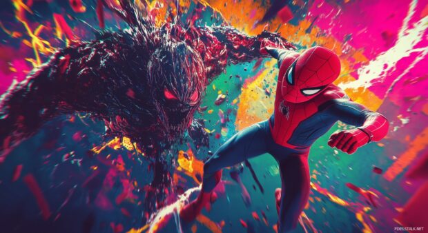 Spiderman battling a monstrous villain in a vivid comic book scene with dramatic colors.