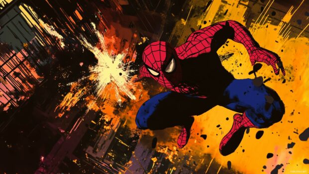 Spiderman battling a monstrous villain in a vivid comic book scene with dramatic colors and action packed effects.