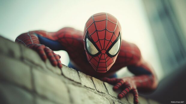 Spiderman crawling on a wall with the reflection of the city in his eyes.